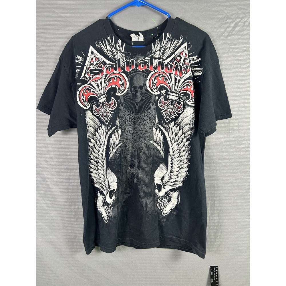 VTG Salvation Skull Shirt Mens Large Black‎ Gothic Cross Wings Grunge y2k